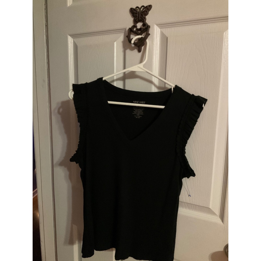 Nine West Black Ribbed V-Neck Ruffle Trim Sleeveless Top Medium
